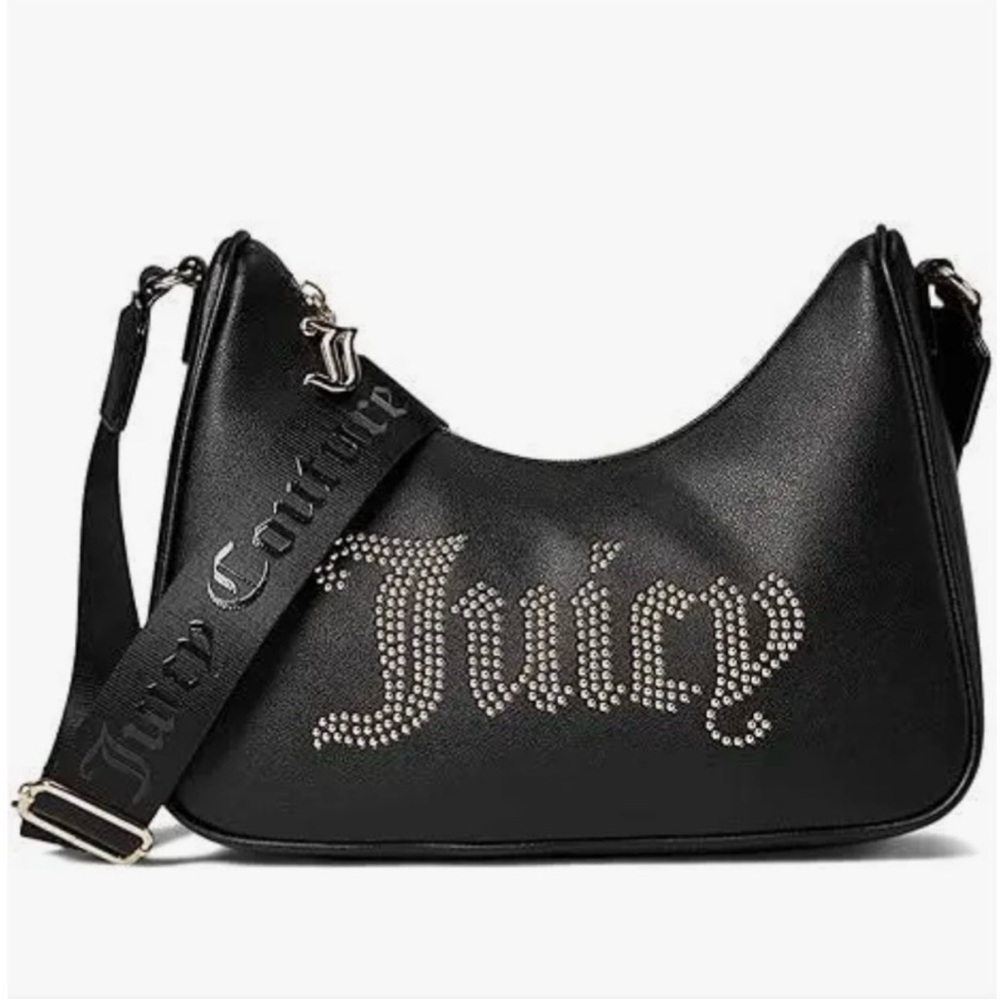 NEW Juicy‎ Couture Black Studded Logo Hobo Crossbody Bag Gold Hardware